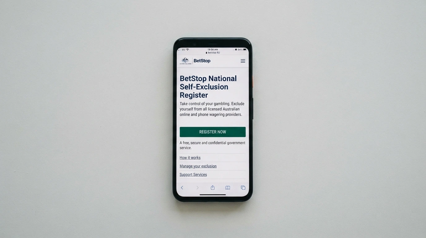 An iPhone displaying the BetStop National Self-Exclusion Register homepage with the registration button visible