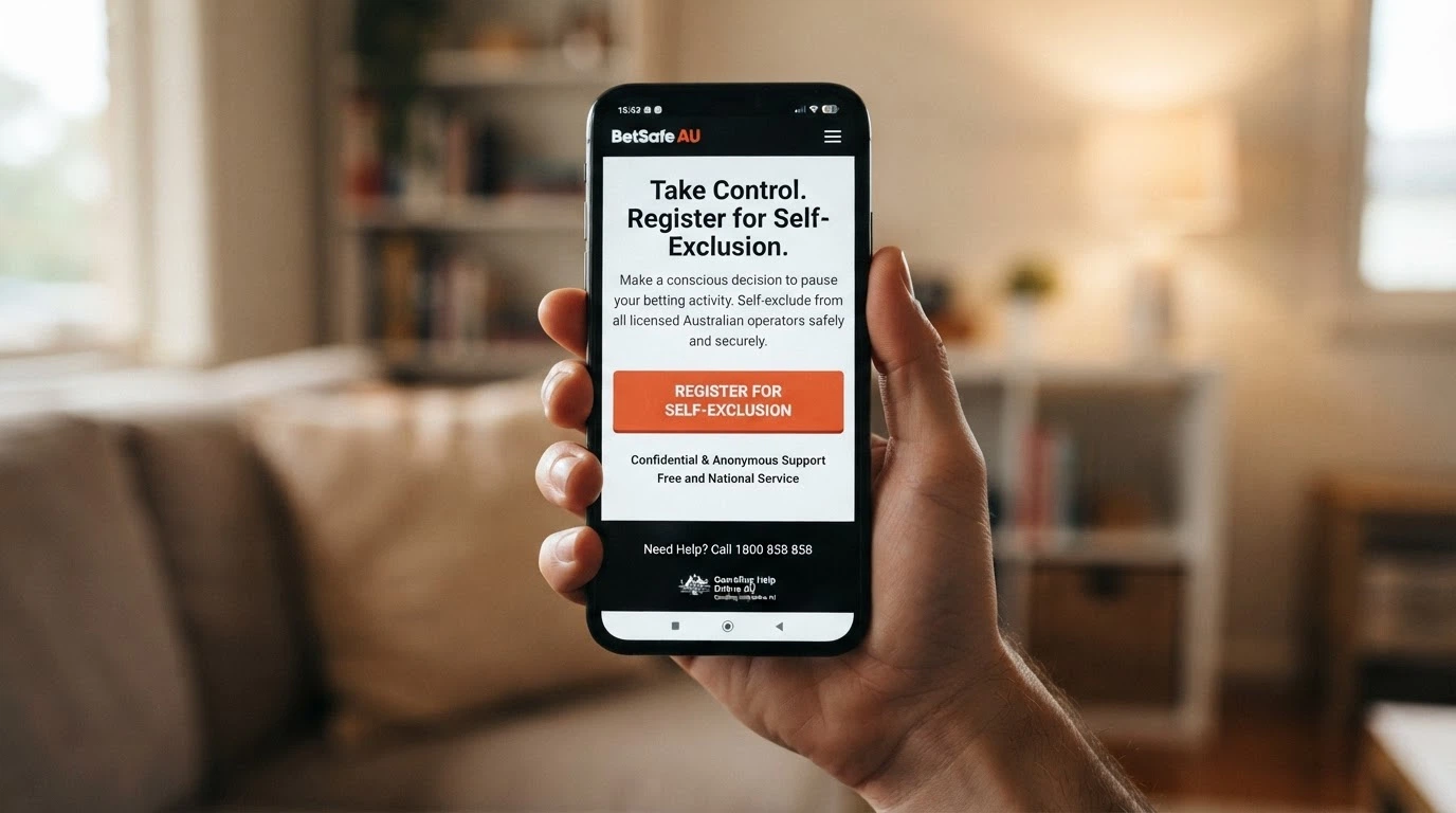 A smartphone displaying the BetStop National Self-Exclusion Register homepage with the registration button prominent
