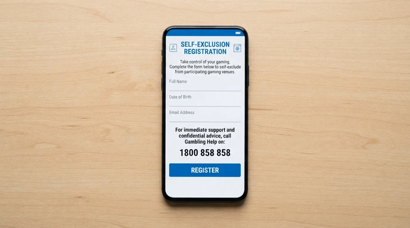 The BetStop National Self-Exclusion Register landing page on a device screen, with the registration button prominent and the 1800 858 858 helpline number visible