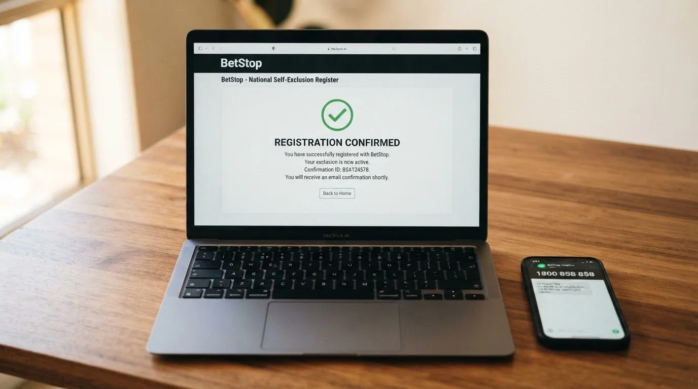 A BetStop registration confirmation screen on a laptop with the Gambling Help Online chat window open beside it showing the 1800 858 858 number.