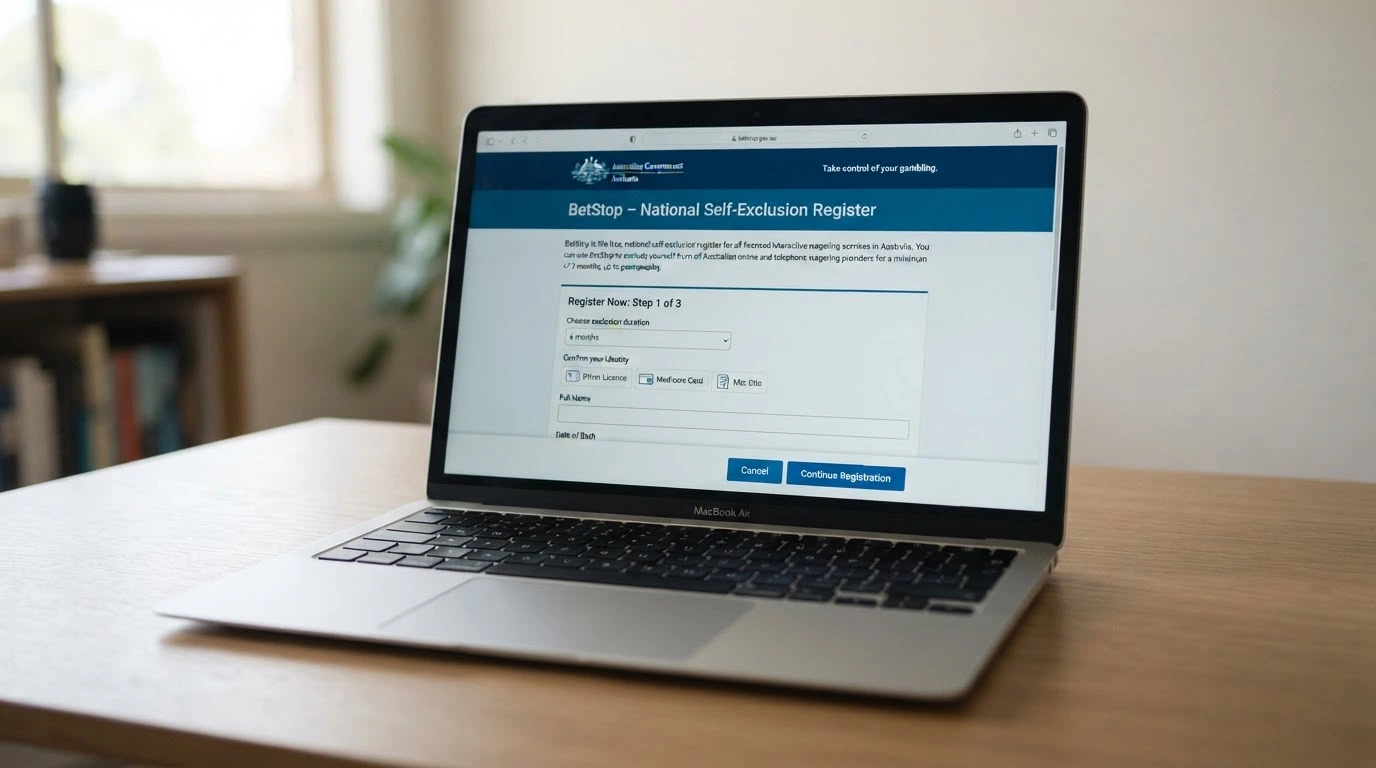 The BetStop.gov.au registration landing page on a laptop screen with the national self-exclusion register form partially visible