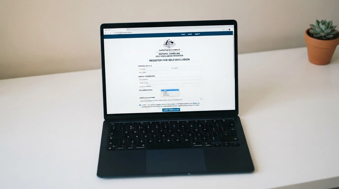 A laptop screen showing the BetStop self-exclusion registration page with the Australian Government crest visible