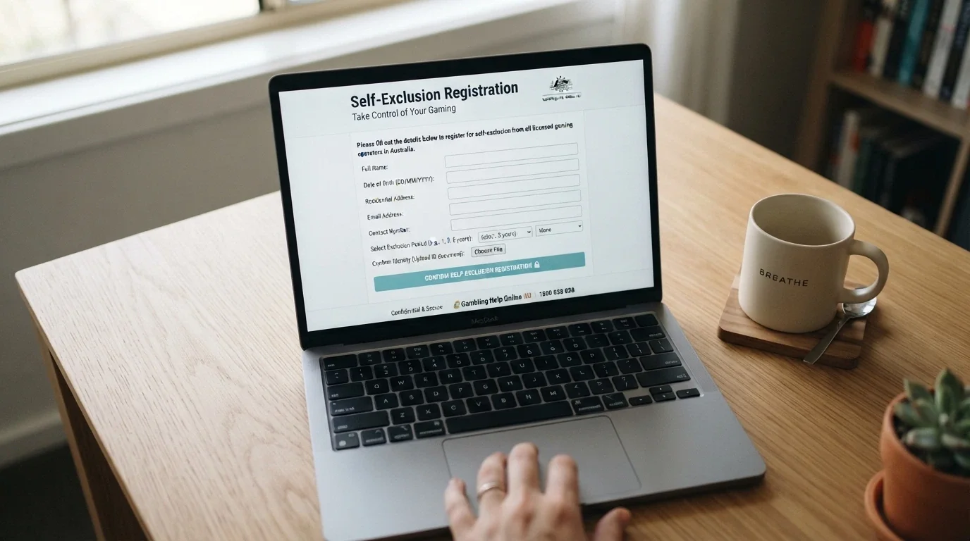 a self-exclusion registration screen on a laptop