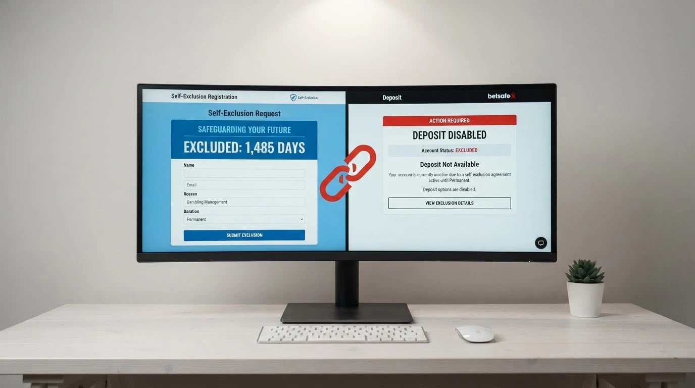 A split interface: on the left a clean BetStop registration screen with “67,480 registrations” displayed, on the right an offshore casino deposit screen with a red disconnect icon between them