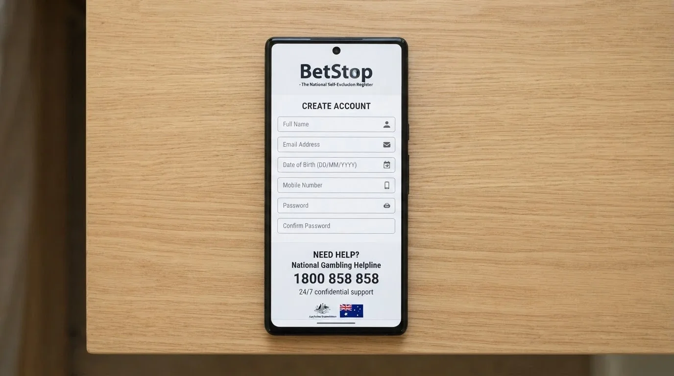 A phone screen showing the BetStop registration interface and the National Gambling Helpline number (1800 858 858) prominently displayed