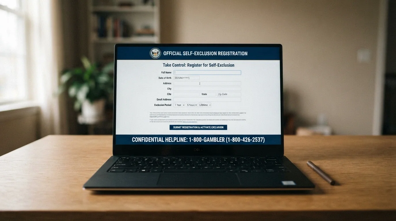 A laptop screen showing the BetStop.gov.au registration page with the self-exclusion form and the 1800 858 858 helpline number visible