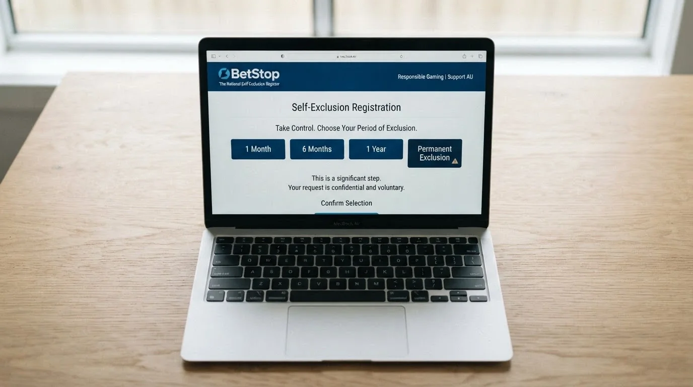 A screen showing the BetStop registration interface with the self-exclusion duration options visible, Australian Government crest at the top