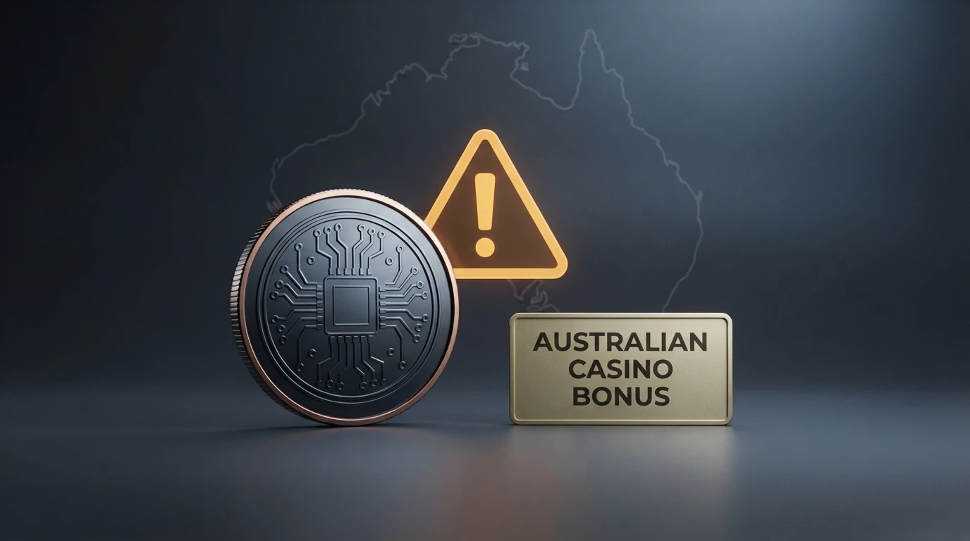 A Bitcoin symbol beside a casino bonus badge, with a warning triangle and an Australian map outline superimposed