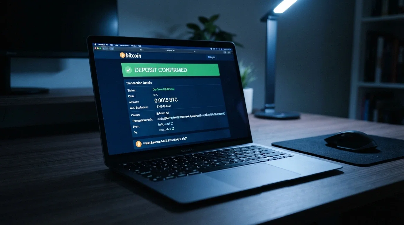 A cryptocurrency wallet interface showing a confirmed transfer to a casino deposit address