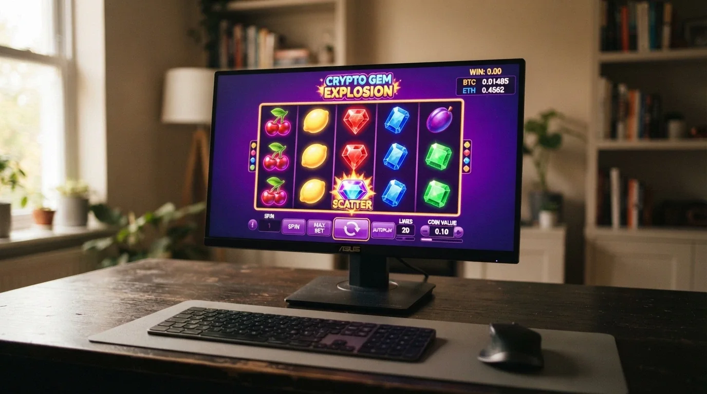 A colourful online pokie game reels spinning on a desktop browser, with a cryptocurrency balance displayed in the corner