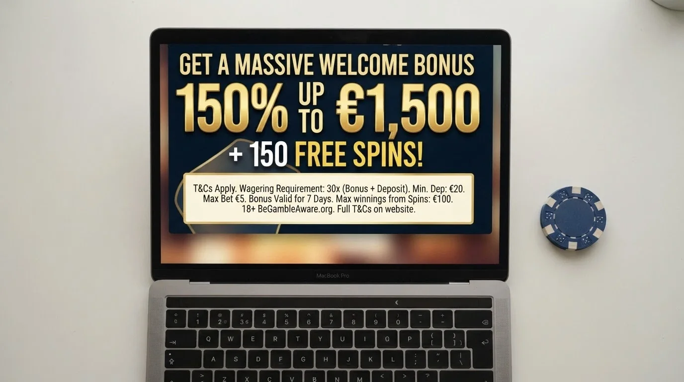 A casino welcome bonus display showing a large Bitcoin amount, with the wagering terms highlighted in a magnified inset
