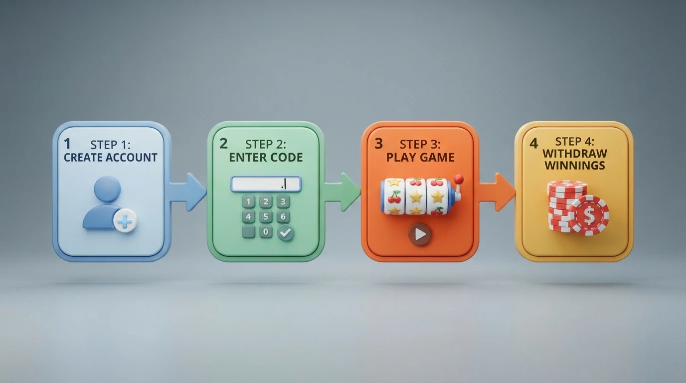 A simplified visual flow showing the four steps of bonus-code redemption — register, enter code, play eligible pokies, meet wagering, withdraw