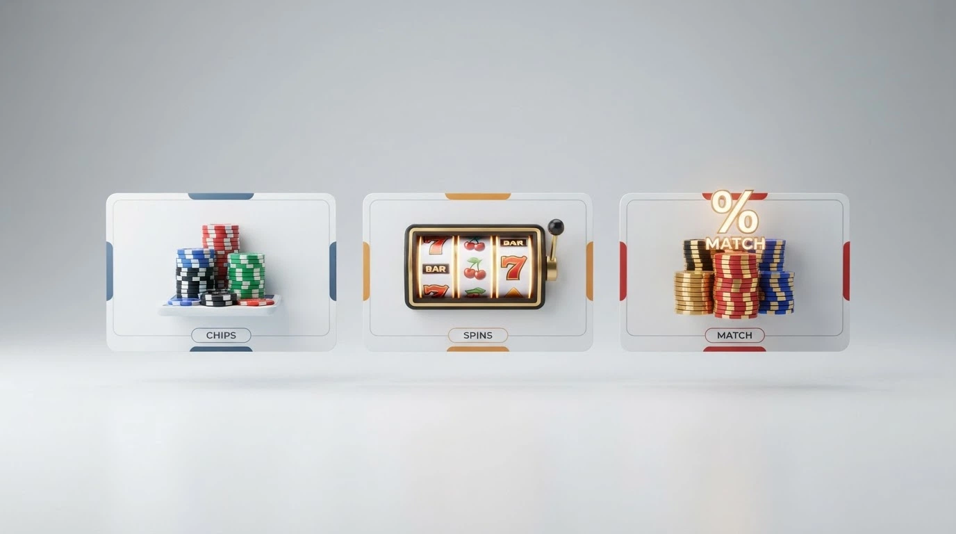 A side-by-side visual comparing a no-deposit free-chip offer, a free-spins offer and a deposit-match offer with their key terms labelled