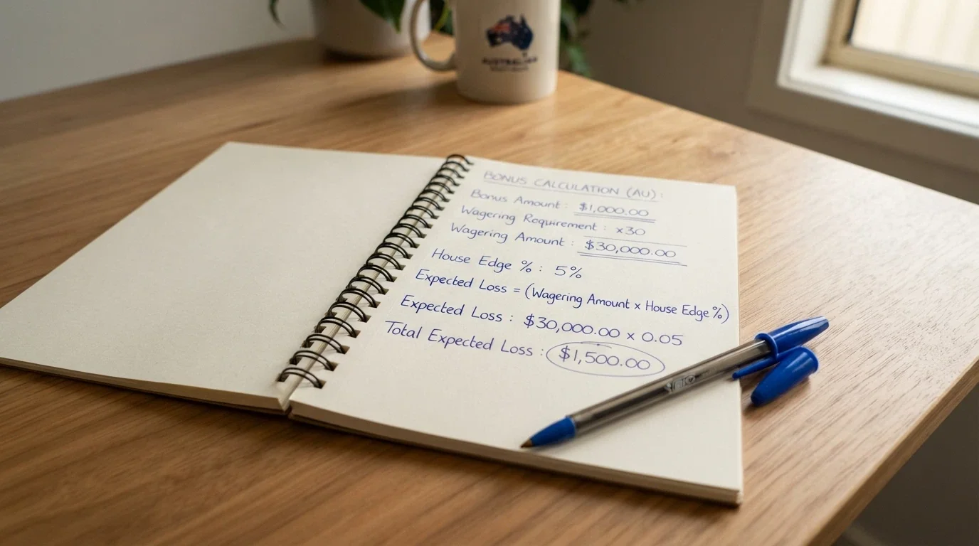 A notepad with handwritten calculations multiplying a bonus amount by the wagering requirement, then by the house edge, arriving at the expected loss figure