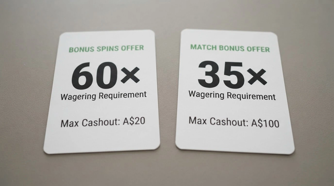 Two casino bonus offer panels placed side by side, one showing a higher wagering multiple and the other a lower cashout cap