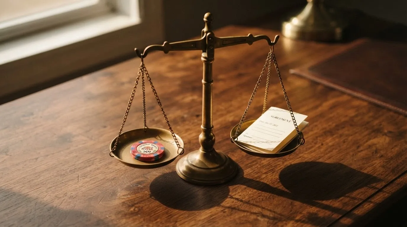 A set of balance scales with a casino chip on one side and a consumer-protection document on the other