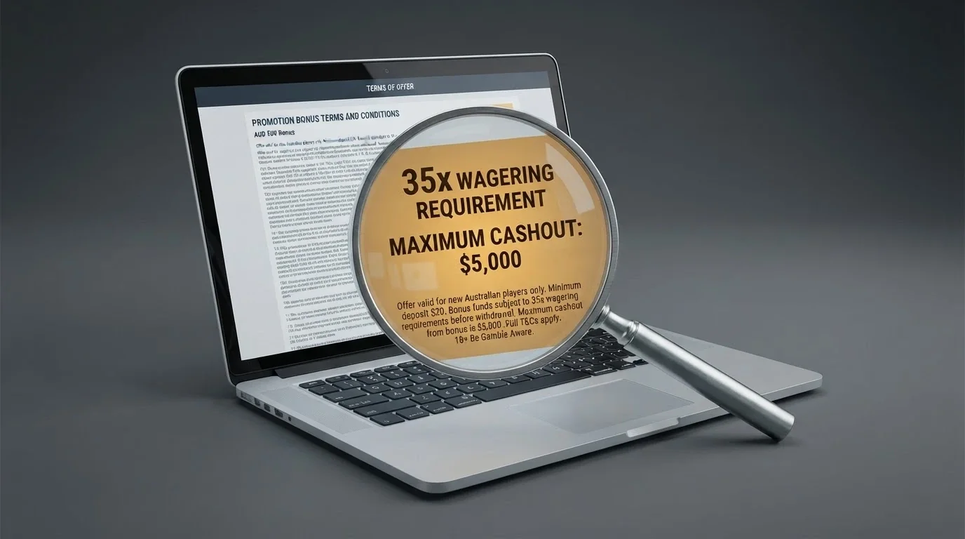 A magnifying glass held over a casino bonus-terms page on screen, with the wagering multiplier and maximum cashout figure highlighted