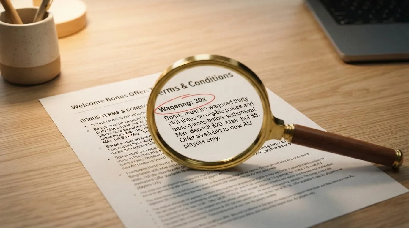 A magnifying glass over a casino bonus terms section with wagering requirements and validity dates circled