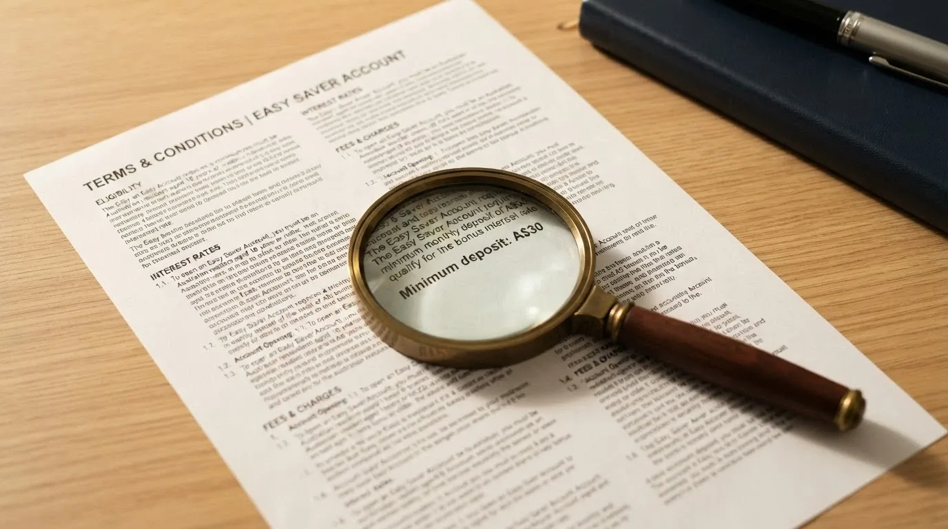 A close-up of bonus terms and conditions text with a magnifying glass highlighting the minimum deposit requirement