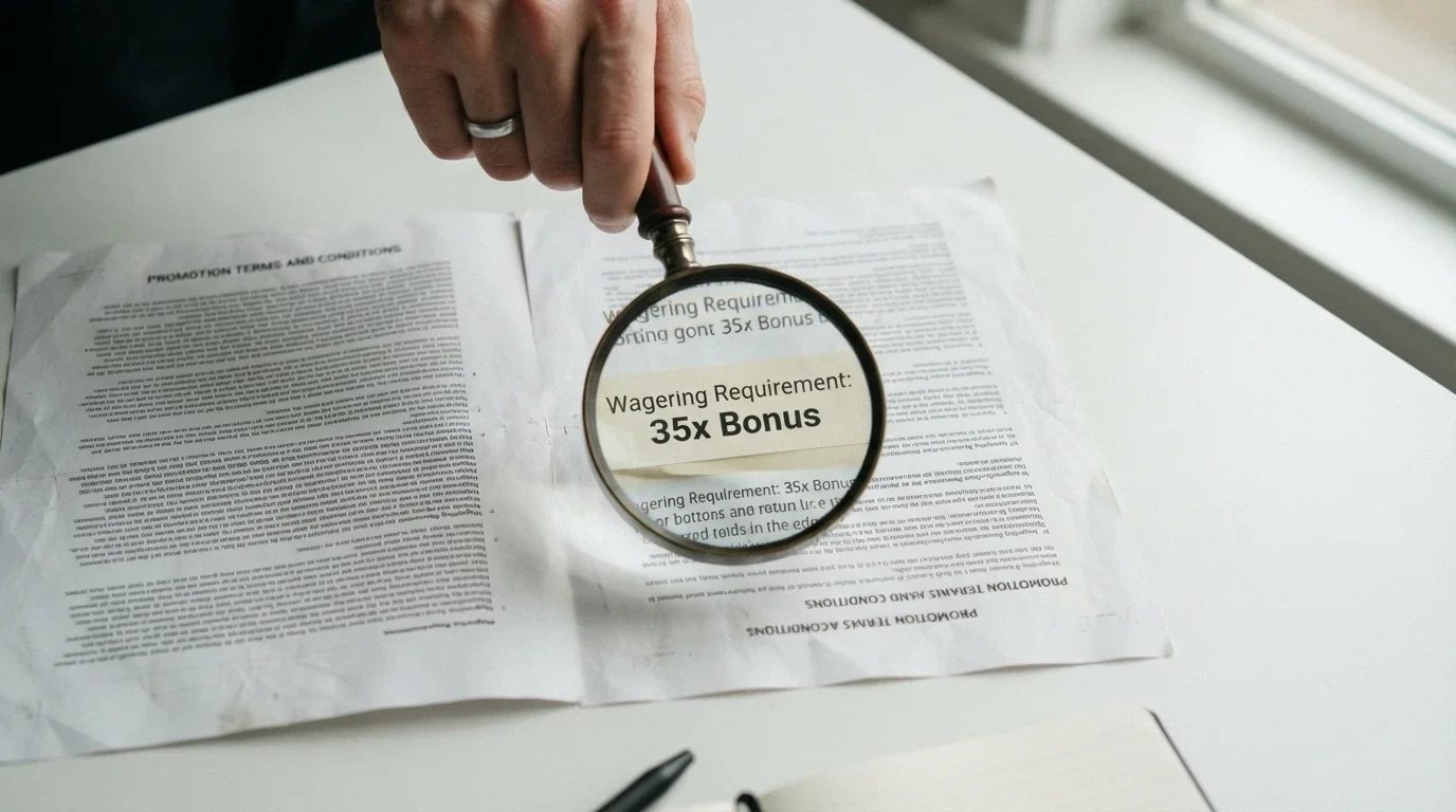 A close-up of printed bonus terms and conditions with a magnifying glass highlighting the wagering requirement figure