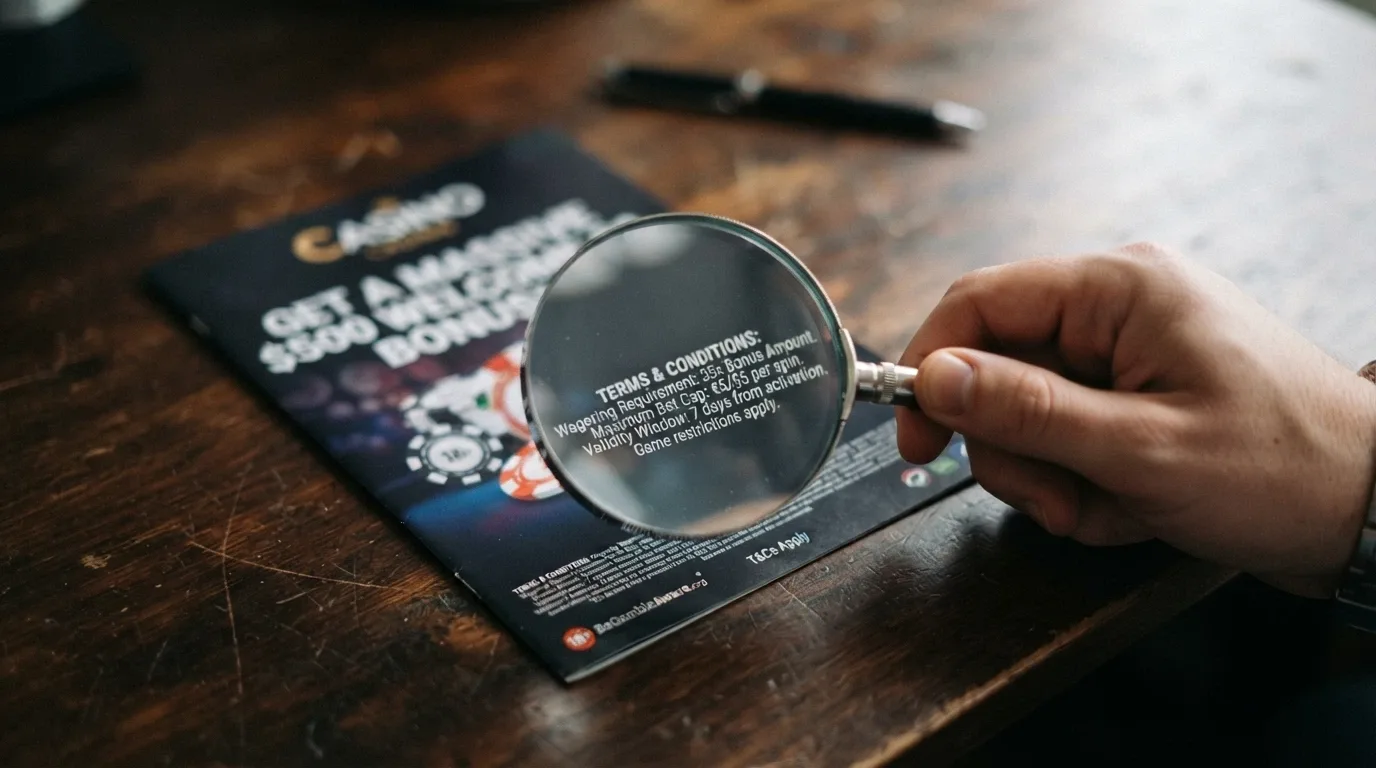 A magnifying glass held over a casino bonus banner, enlarging the fine-print terms — wagering multiple, max bet cap, validity window — while the headline bonus figure sits small in the background