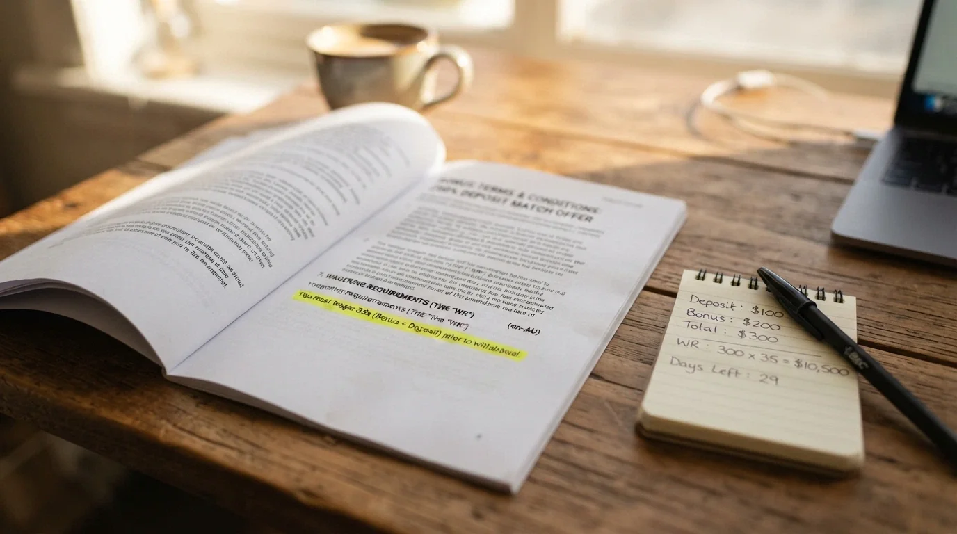 A close-up of a bonus terms and conditions panel with a wagering-requirement figure highlighted and a notepad or calculator beside it