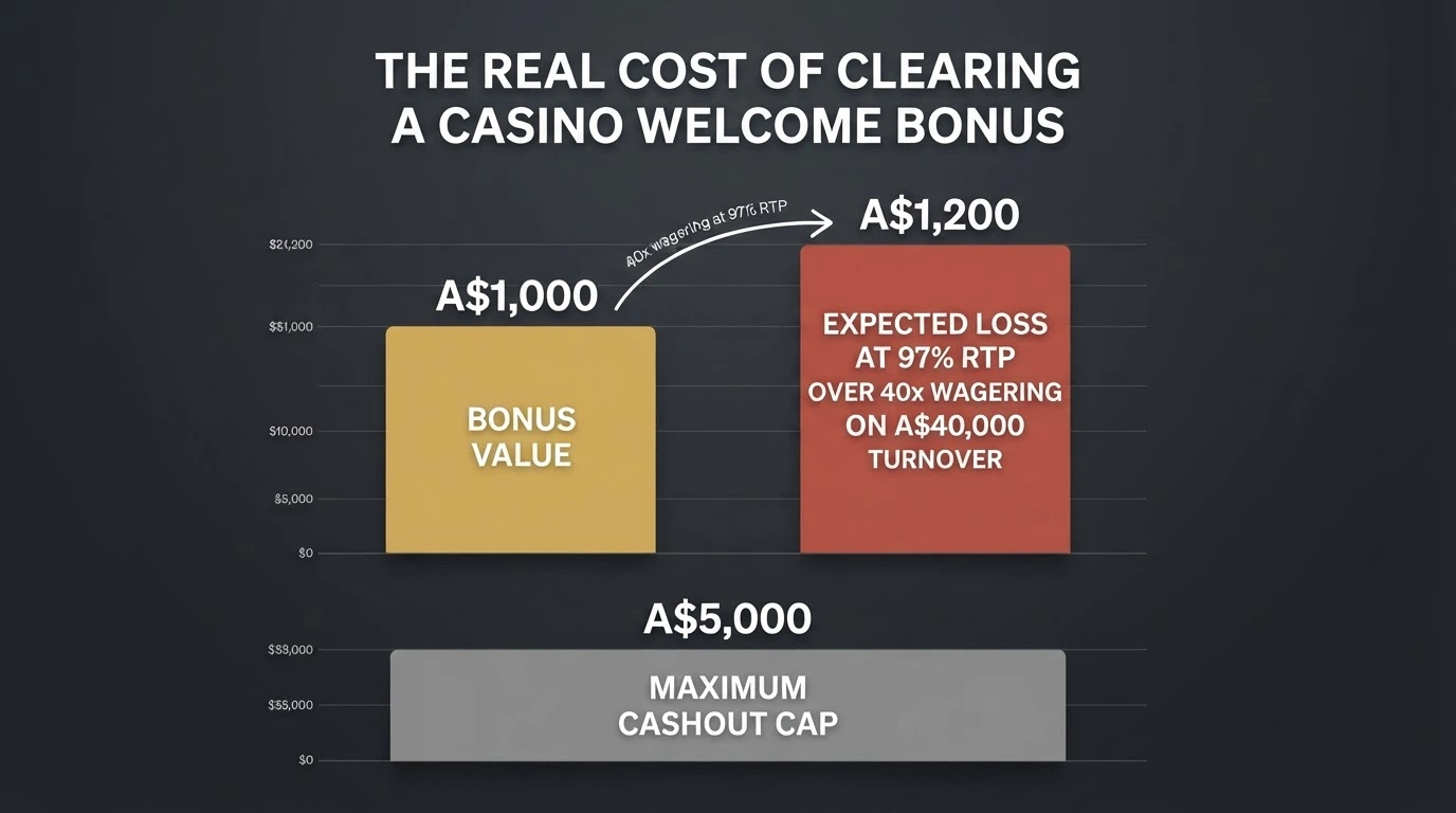A diagram showing a bonus amount shrinking as wagering multiples and RTP chip away at its real value