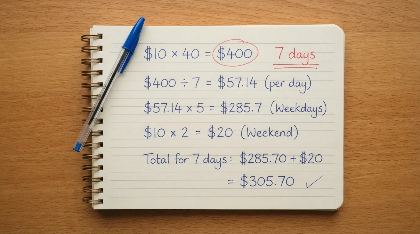 A notepad with handwritten maths — $10 bonus × 40 wagering = $400 turnover, with a red circle around the $400 figure and “7 days” written beside it.