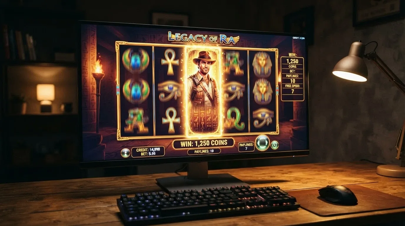 The Book of Dead pokie reels mid-spin on a desktop screen, showing the explorer theme and expanding-symbol mechanic