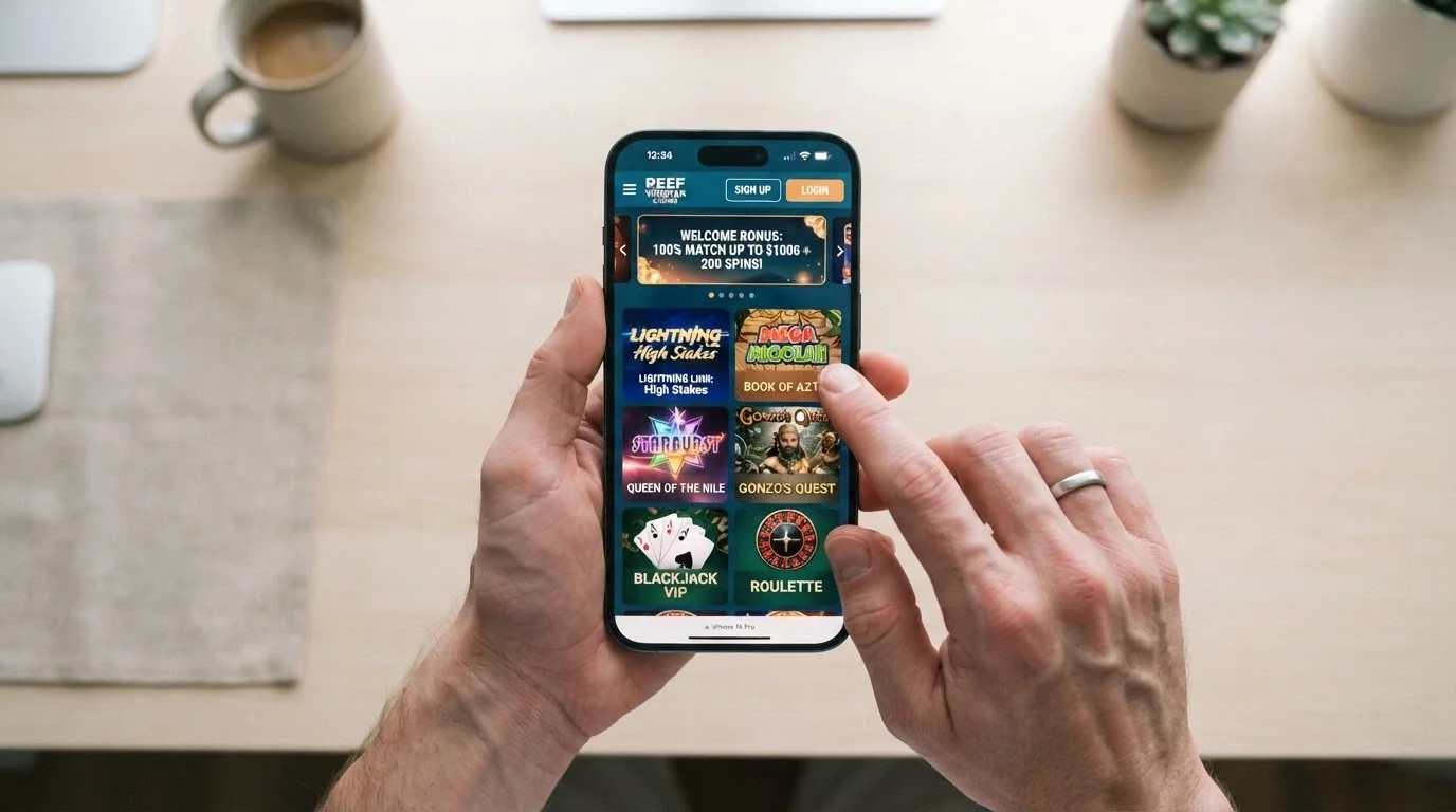 An Android phone held in hand with a mobile browser open to a pokies website showing a game lobby and a login button