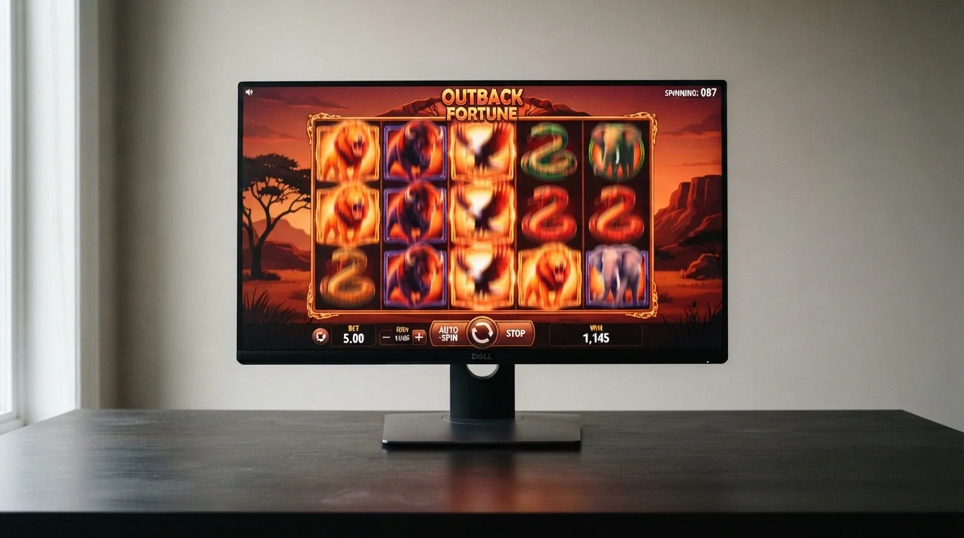 The Buffalo pokie reels mid-spin on a desktop screen, showing the iconic buffalo symbols and sunset backdrop that Australian players recognise from the land-based version