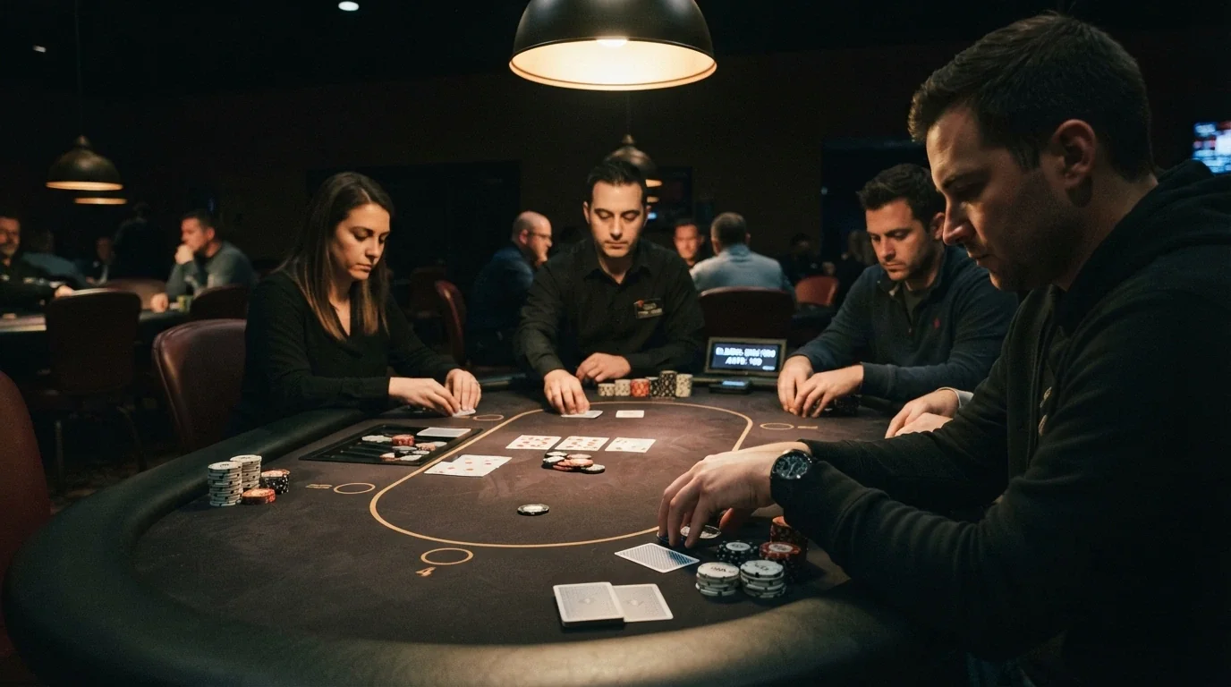 Players at a poker table during a tournament with chips and cards in play