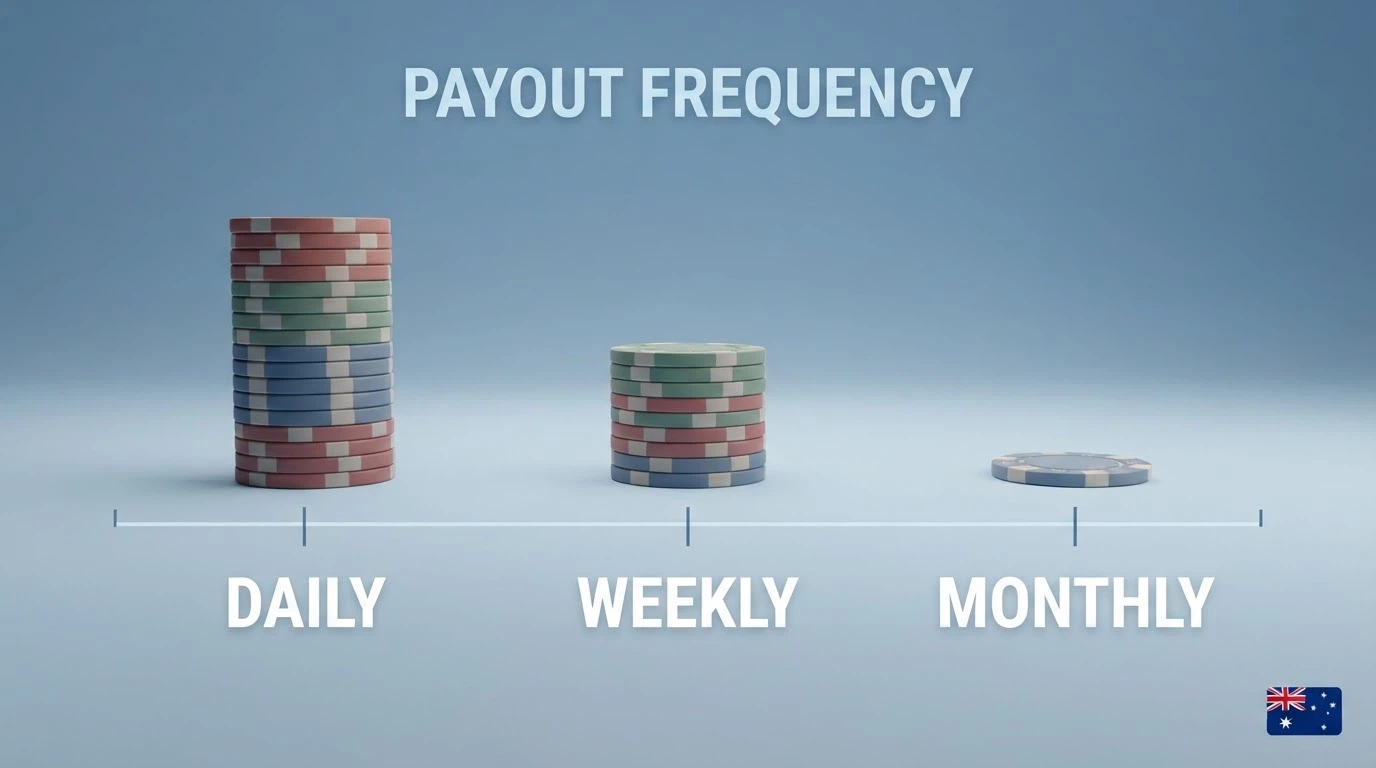 A timeline graphic showing daily, weekly and monthly cashback payout intervals with stacked coin icons at each point
