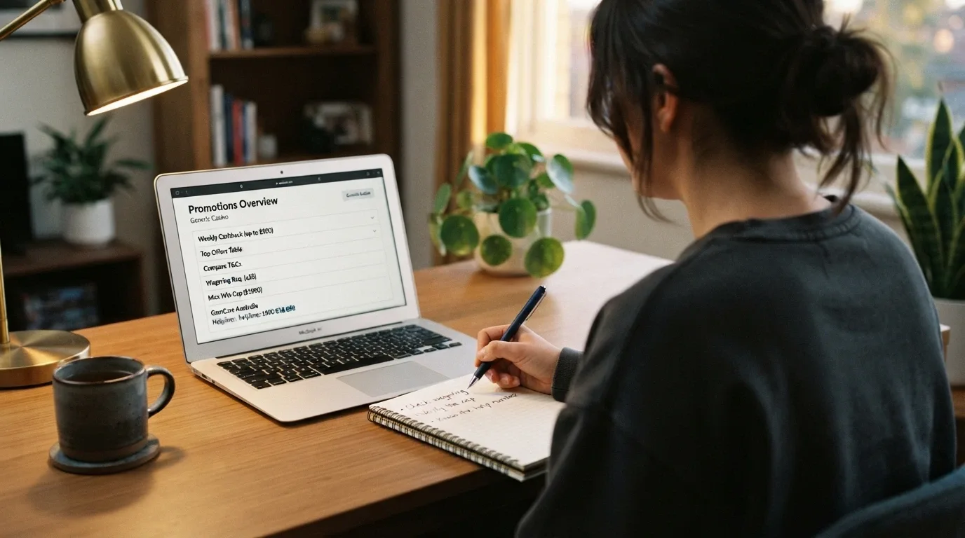 A person at a desk with a notepad listing three handwritten points: check wagering, verify the cap, know the help number — a laptop showing a casino page sits to the side