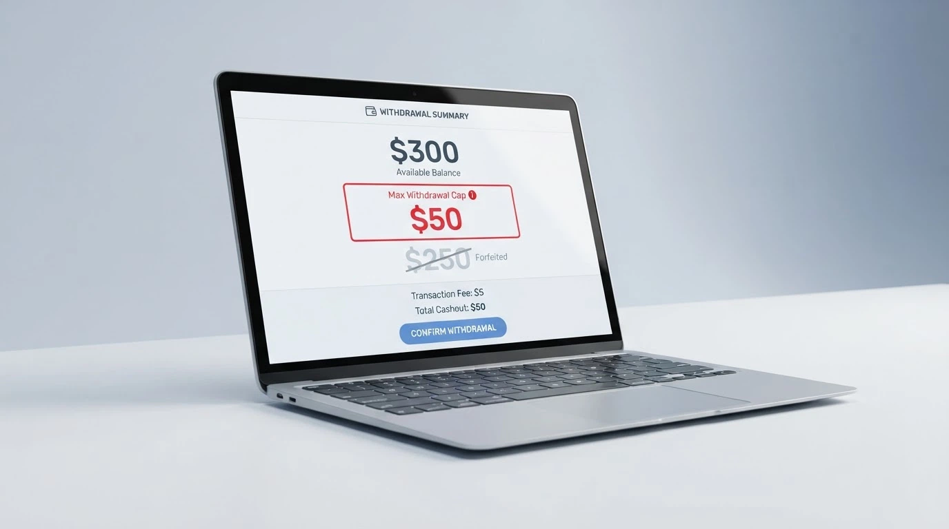 A withdrawal screen showing a $300 balance with a $50 cashout cap highlighted inside a red box, the remaining $250 greyed out and marked as forfeited.