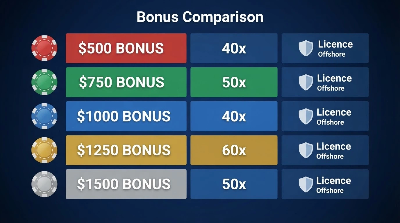 A comparison table listing casino names alongside their welcome offers, wagering multipliers and licence details.