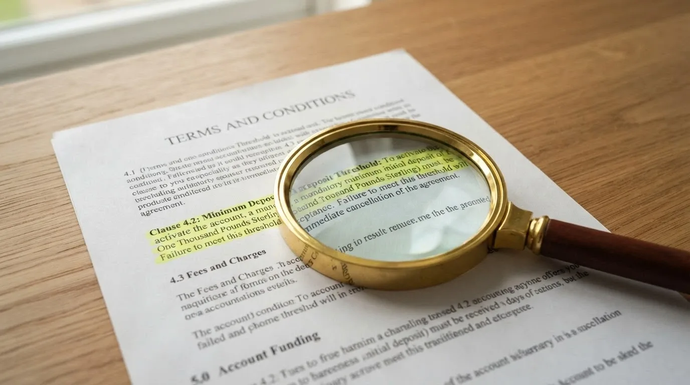 A close-up of casino bonus terms and conditions with a magnifying glass over the minimum deposit clause, highlighting a A$20 threshold