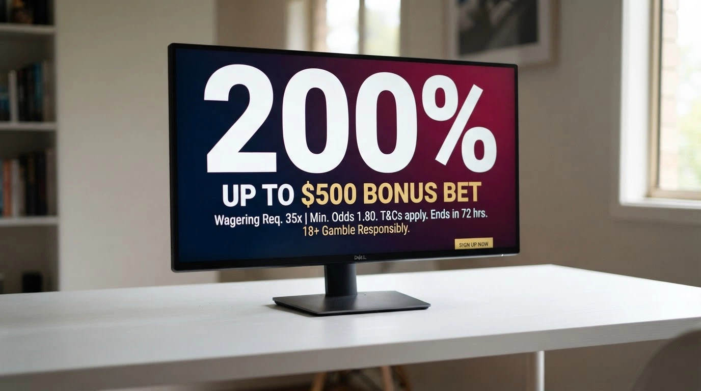 A welcome bonus promotional banner with a large percentage figure and the wagering requirement in smaller text beneath it