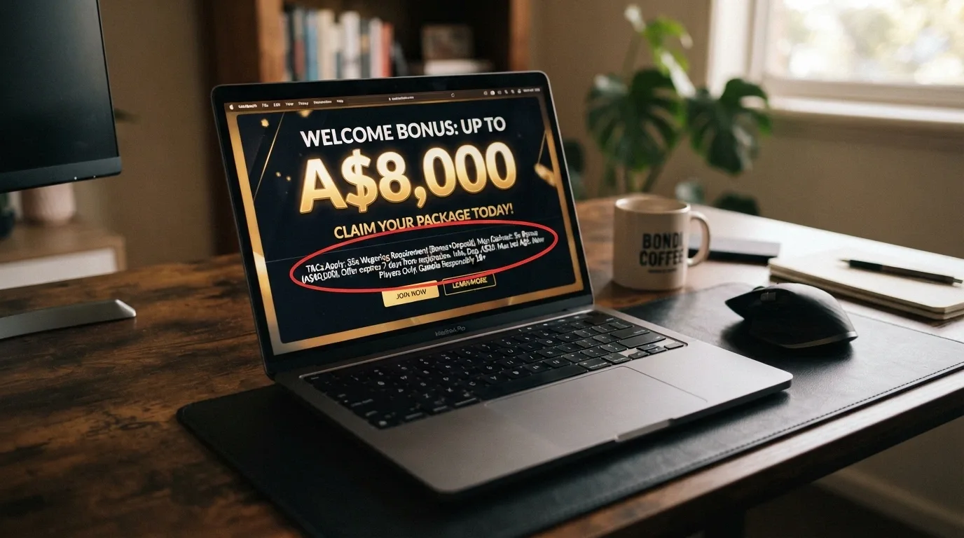 A welcome-offer banner with the headline bonus figure prominent, and the wagering-terms block circled or highlighted below it in small text