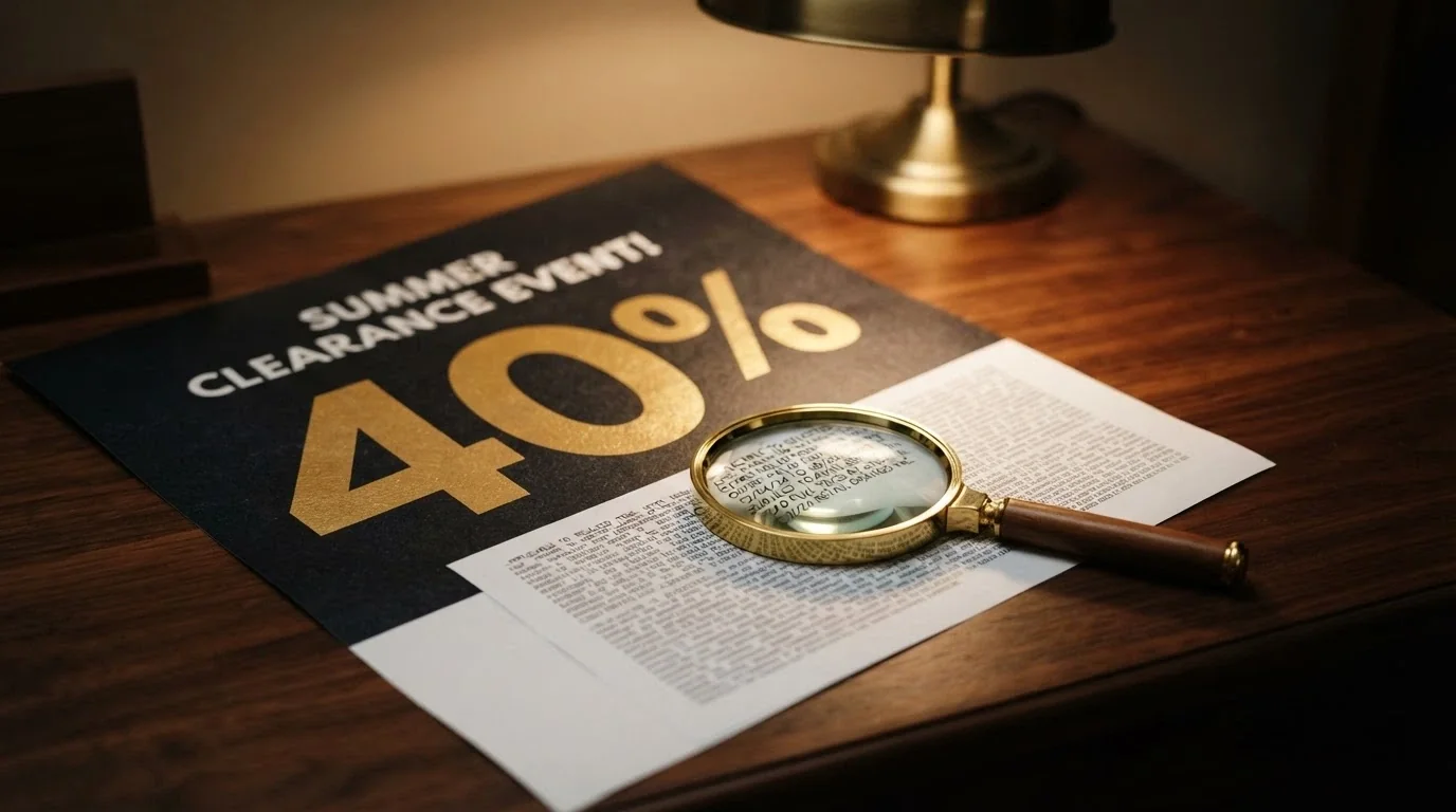 A welcome-bonus banner with a large percentage figure, overlaid with fine-print text and a magnifying glass