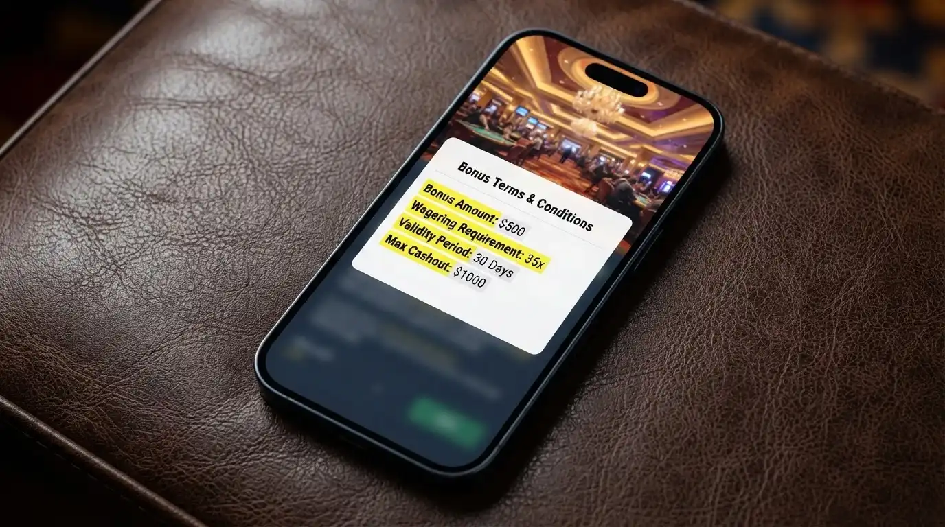 A smartphone screen displaying a bonus terms pop-up with the wagering requirement, validity period and maximum cashout figures highlighted in yellow