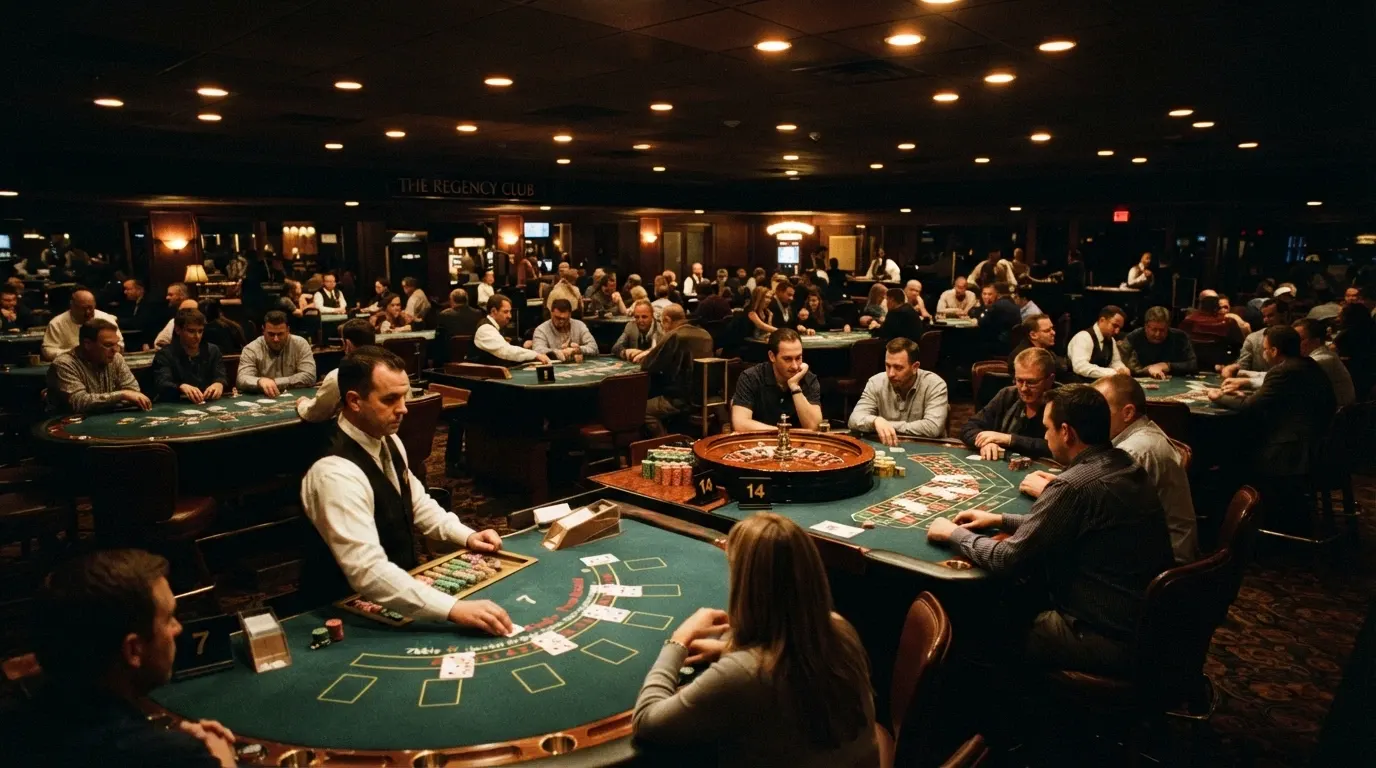 Blackjack and roulette tables spread across the main gaming floor under low lighting