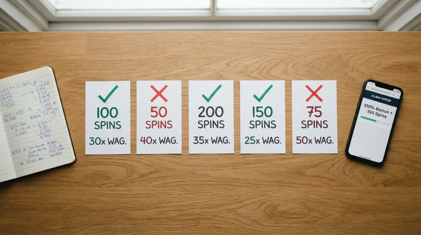 A side-by-side grid of casino brand cards with tick-and-cross markers highlighting free-spin count and deposit status