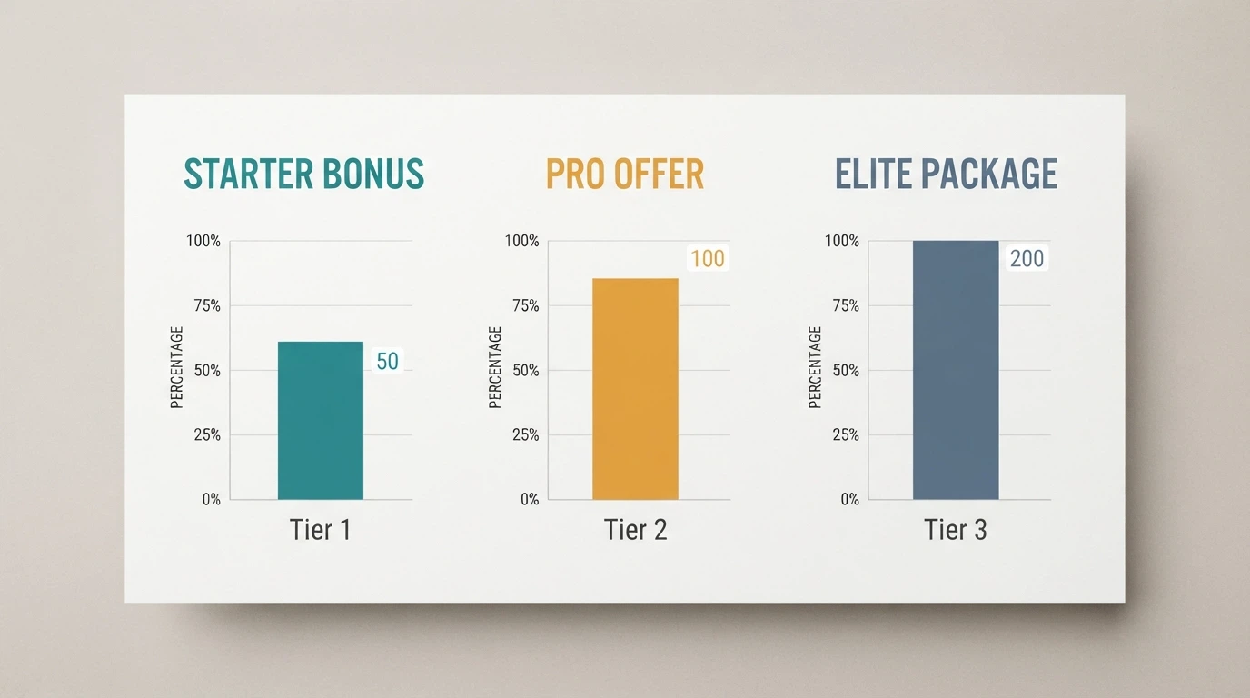 A comparison chart layout showing casino names with bonus percentages and free-spin counts beside them