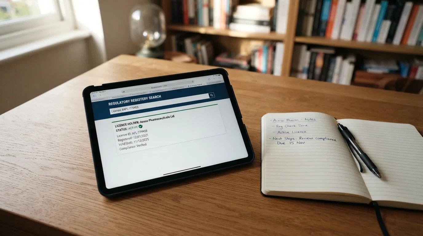 A tablet screen showing a side-by-side comparison grid with casino logos and licence-status markers, on a wooden desk next to a notepad with handwritten wagering calculations