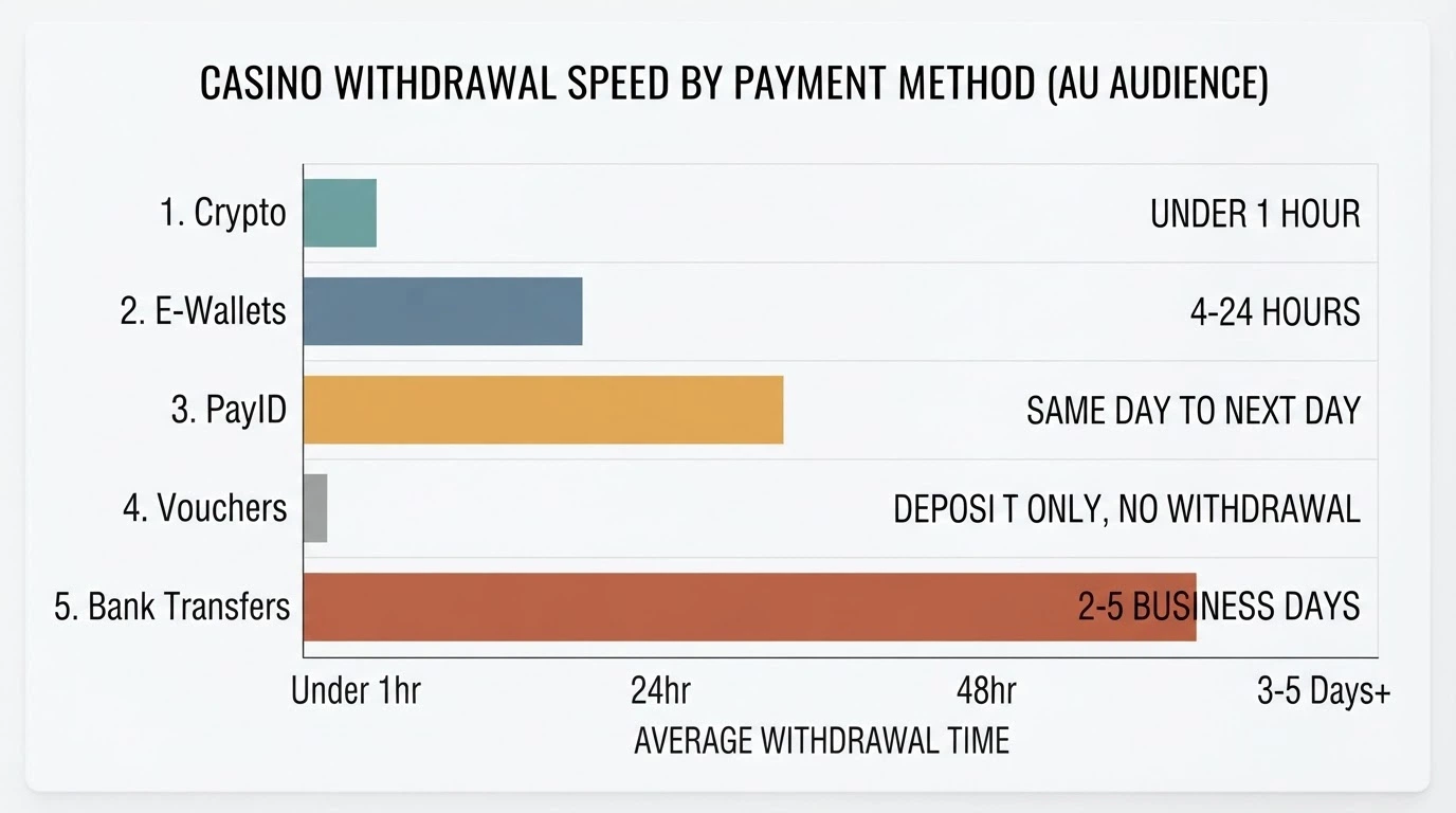A comparison graphic showing payment method icons ranked by deposit and withdrawal speed across operators