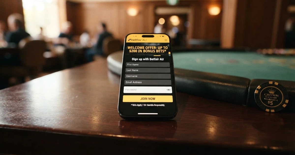 A smartphone screen displaying an online casino sign-up form with a promo code entry field, bonus terms and a welcome offer banner visible