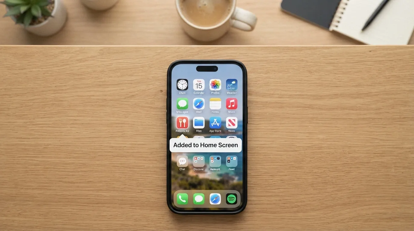 An iPhone home screen showing a casino PWA icon alongside native apps, with an arrow pointing to the casino icon and a caption bubble reading “Added to Home Screen via Safari”