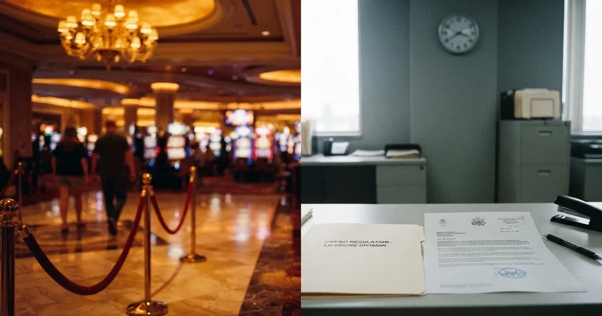 A split composition — on one side, a glowing casino lobby with chandeliers and a VIP rope, on the other a muted Australian regulatory document with the ACMA logo visible