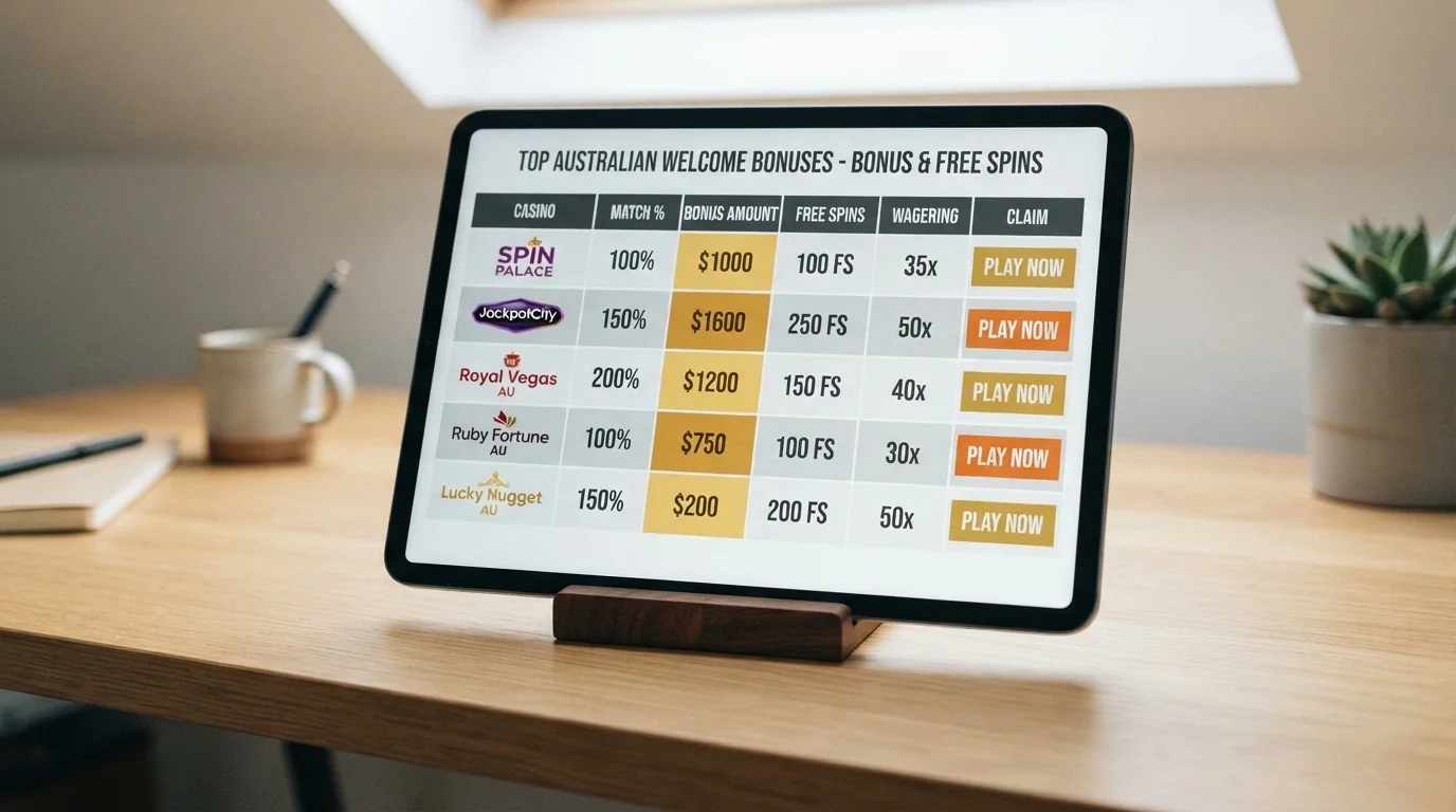 A tablet screen displaying a comparison grid of casino welcome bonuses with highlighted AU dollar amounts